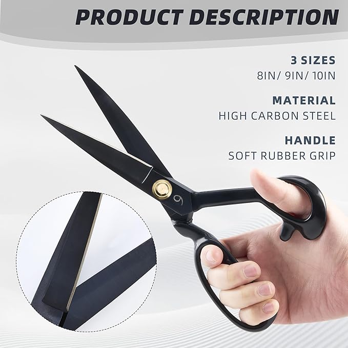 Fabric Scissors, 3 Pcs Forged Stainless Steel Sewing Scissors All Purpose Heavy Duty with Tempered Blades, Adjustable Joint Nut and Comfort Handle, Includes Measuring Tapes, 3 Sizes