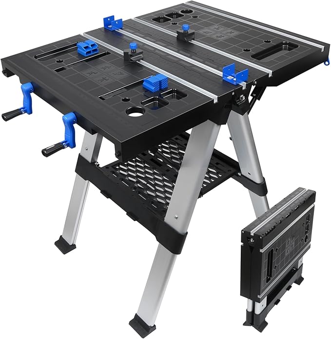 Folding Work Table, LAZYLAND 1PC 32" W x 25" D x 32" H Easy Setup Portable Folding Worktable & Sawhorse with 2pcs Quick Clamps, 2pcs Clamping Dogs for Garage/Woodworking/Construction/DIY