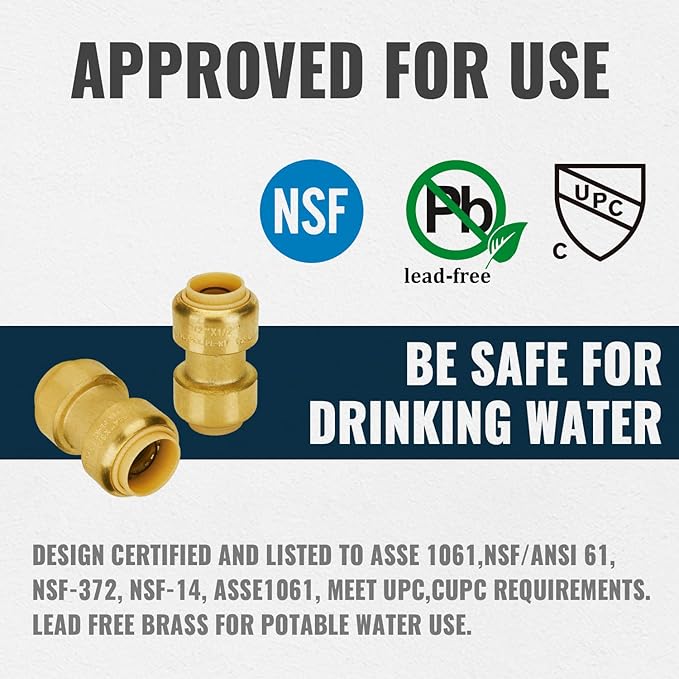 SUNGATOR Push Plumbing Fittings Set, 1/2 Inch Coupling (10 PCS), 3/4 Inch Coupling (10 PCS), No Lead Brass Push to Connect Pex Pipe, Copper, CPVC, with 2 Disconnect Clips, Pack of 20