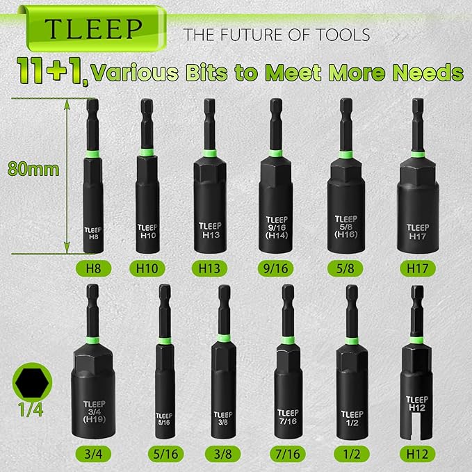 Deep Nut Driver Set for Impact Drill w/Wing Nut Driver Bit, Sae/Metric 80MM Deep Nut Driver Bits, 1/4" Quick Change, 8mm 10mm 13mm 9/16”(14mm) 5/8”(16mm) 17mm 3/4”(19mm) 5/16” 3/8” 7/16” 1/2”