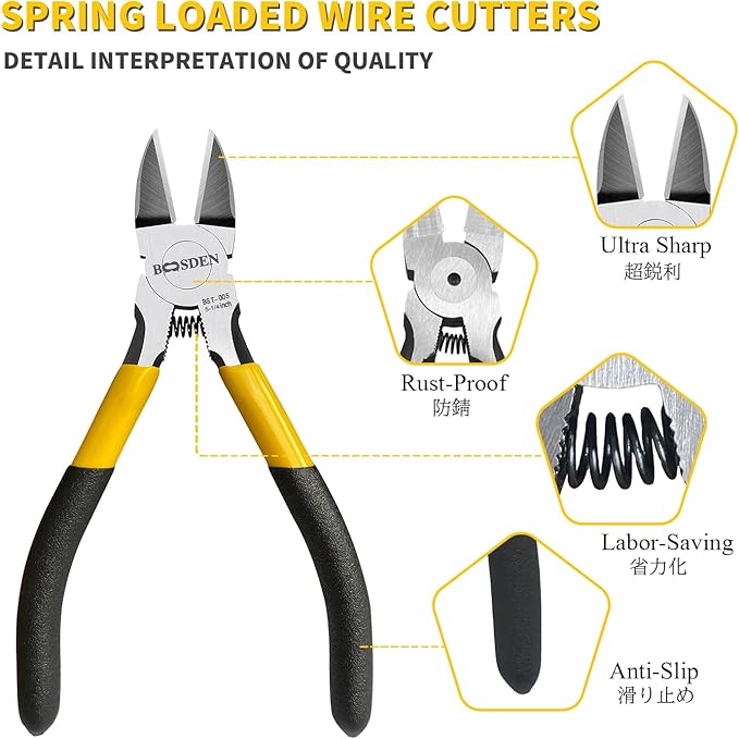 BOOSDEN 5" Wire Cutters, 5 Pack, Precision Cutting Pliers, Ultra Sharp Wire Snips Wire Clippers, Spring Loaded Flush Cutter, Diagonal Cutting Pliers for Jewelry Making Crafting, Wire Cutters Set