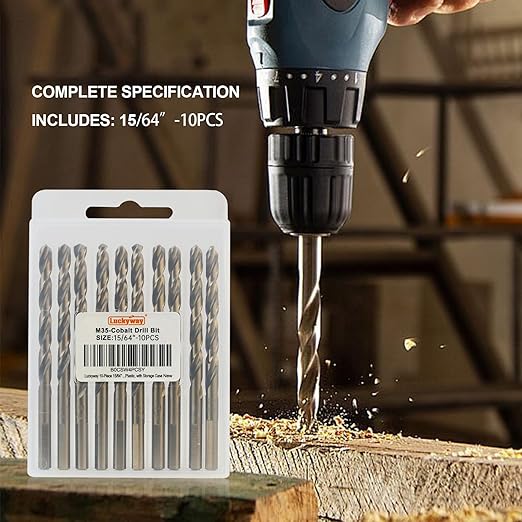 Luckyway 15/64" Cobalt Drill Bit (10 Pcs), Jobber Length Twist Drill Bit Set for Hard Metal, Stainless Steel, Cast Iron, Wood and Plastic, with Storage Case
