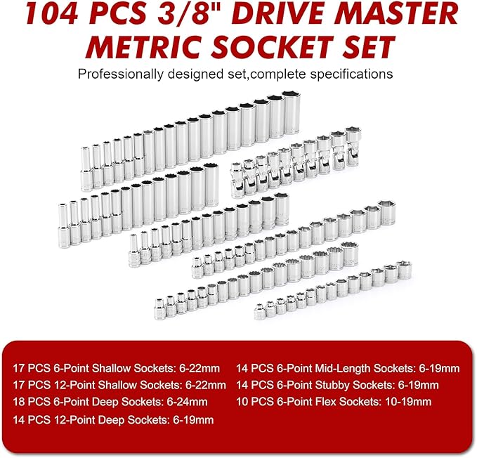 CASOMAN 104 PCS 3/8" Drive Master Impact Socket and Flex Socket Set, Include Deep, Mid-Length, Shallow & Stubby Socket, 6-Point & 12-Point, Metric, CR-V
