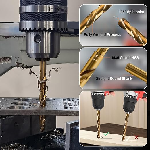 Luckyway 3/16" Cobalt Drill Bit (10 Pcs), Jobber Length Twist Drill Bit Set for Hard Metal, Stainless Steel, Cast Iron, Wood and Plastic, with Storage Case