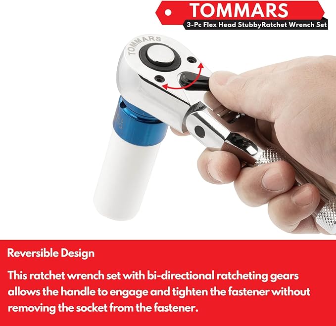 TOMMARS Flex-Head Stubby Ratchet Set, 1/4", 3/8", 1/2" Drive Flexible Mini Small Ratchet Handle Wrench 72-Tooth Quick-Release Reversible Gift for Men Mechanic Hand Tools