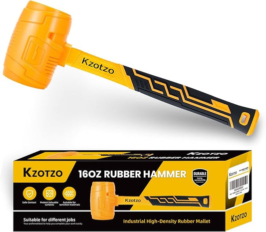 16oz Rubber Mallet Hammer, Fiberglass Handle, Rubber Mallet for Flooring, Tent Stakes, Woodworking, Camping, Soft Blow Tasks without Damage， 2025 upgraded seamless rubber hammer（yellow） (16OZ)
