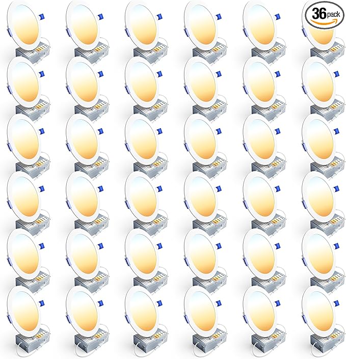 Ensenior 36 Pack 6 Inch LED Recessed Light, Dimmable, 2700K-5000K 5CCT, 1200LM High Brightness, 12W 120V, Damp Rated, Ultra-Thin Canless Wafer Ceiling Light - ETL & FCC & IC