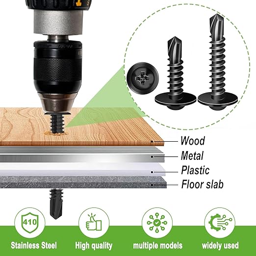 mxuteuk 610PCS #8#10 Black Self Tapping Screws,410 Stainless Steel Self Drilling Screws for Metal,Truss Head Black Self Tapping Screw for Metal,Plastic,Wood(1/2" to 1-1/2")