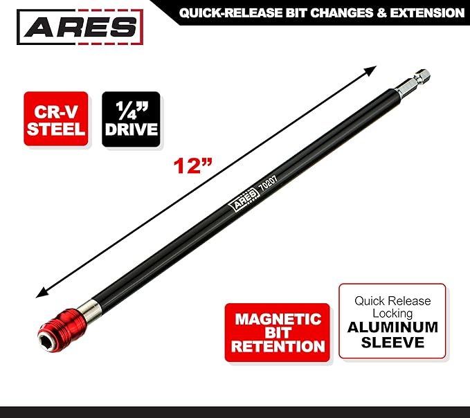 ARES 70207 - Drill Extension Bit Holder - 12-Inch Quick Release - Works With All 1/4-Inch Drive Bits - Quick Release Mechanism Makes Changing Bits a Breeze