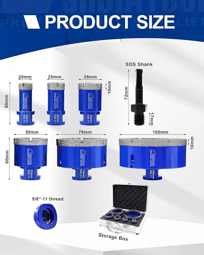 SHDIATOOL Diamond Drill Core Bits Set for Porcelain Hole Saw Cutter for Tile Marble Ceramic Granite 5/8-inch-11 6pieces(20/25/35/50/75/100MM)