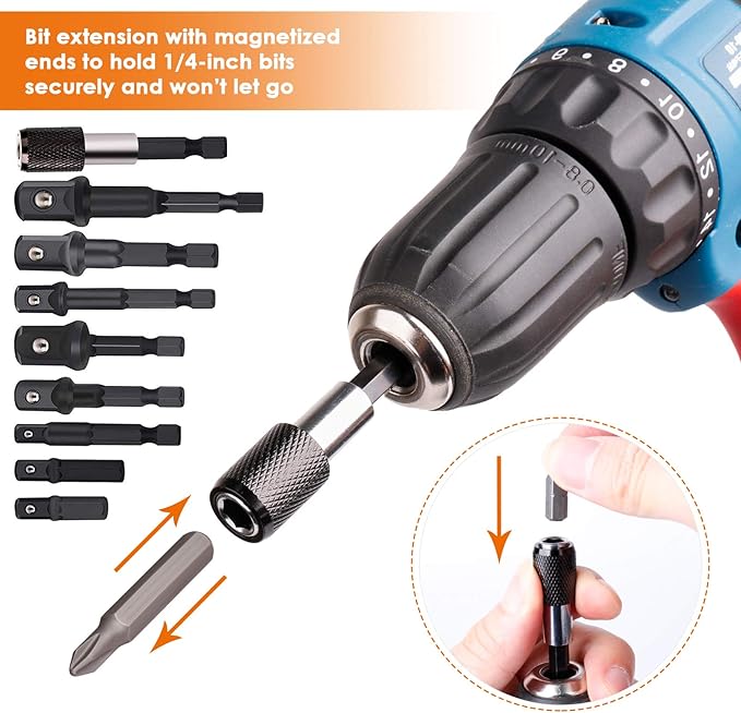 THINKWORK Impact Socket Adapter Set, 1/4" 3/8" 1/2" Drill Socket Adapter Set with 1/4" Hex Shank for Impact Power Driver, Cordless Drill & Screwdriver