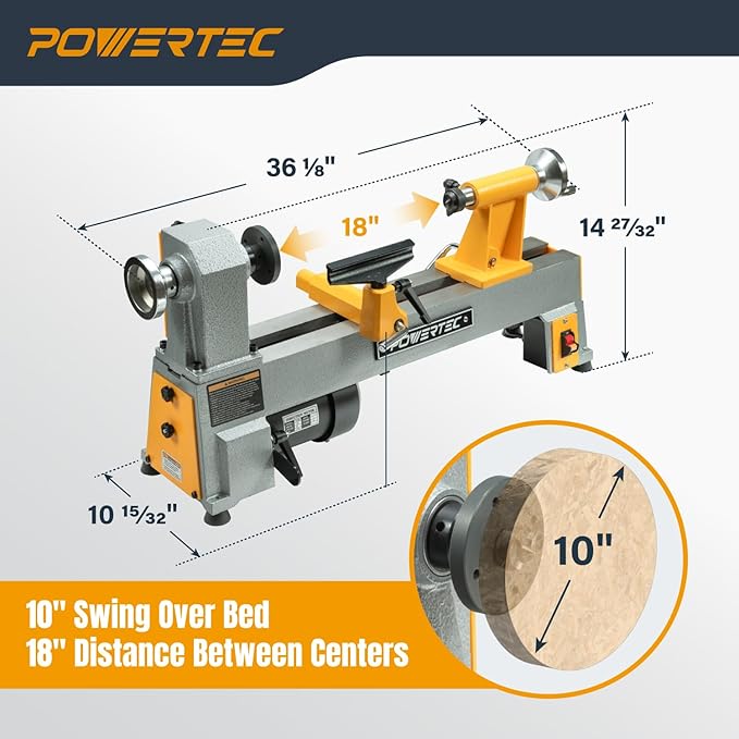POWERTEC 10" x 18" Benchtop Mini Wood Lathe ??1/2HP, 5-Speed Cast Iron Lathe with MT2 Taper for Turning Pens, Bowls, Spindles, and DIY Wood Projects (LT1018)