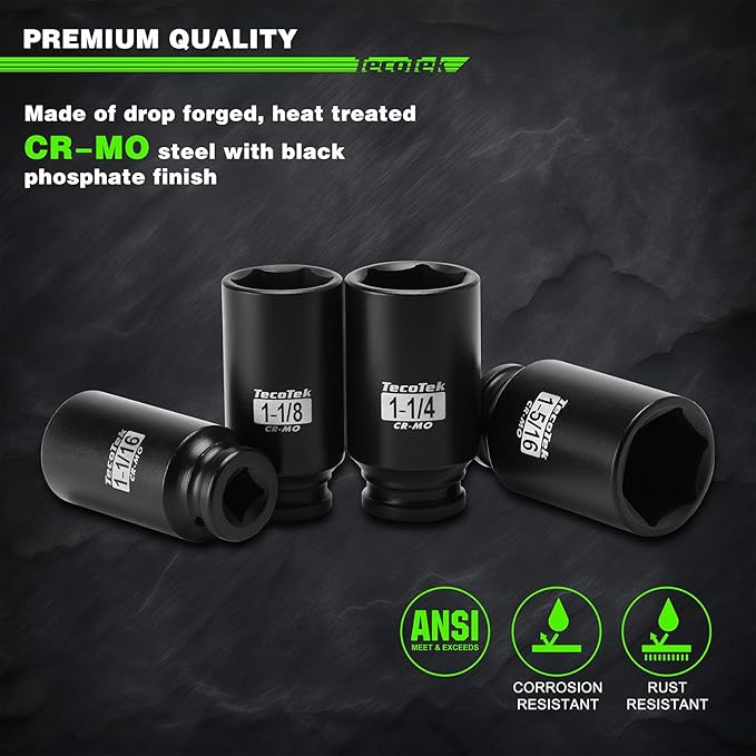 1/2" Drive Deep 6-Point Impact Socket Set, 8-Piece Standard SAE Spindle Axle Nut Impact Socket Set, Cr-Mo, 1-Inch to 1-1/2-Inch Size