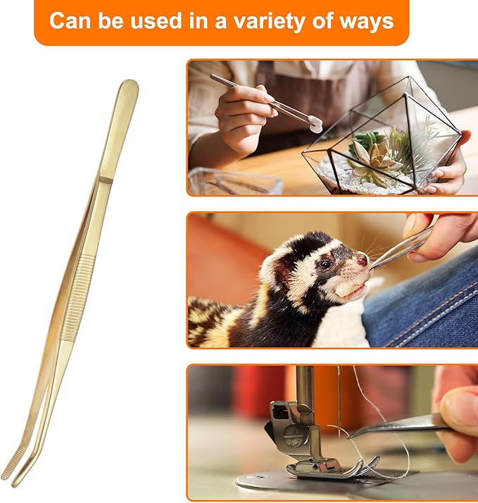 HARFINGTON Stainless Steel Tweezers 8.6" Long Handle Curved Serrated Tip Tweezers Multi Purpose for Craft Gardening Industrial Work Lab Use, Yellow