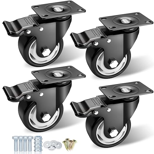 Casters, 3" Caster Wheels竊똂asters Set of 4 Heavy Duty - ASRINIEY Black Polyurethane Castors, Top Plate Swivel Wheels, 4-Pack Industrial Casters with Brake, Locking Casters for Furniture and Workbench