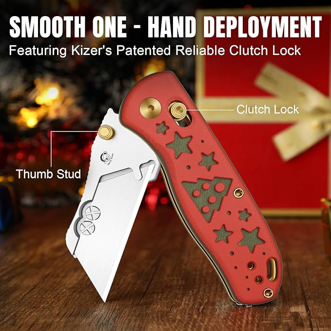 Kizer Uti Bear(Dual-screw Version) Folding Utility Knife, Clutch Lock Box Cutter EDC Pocket knife with 5PCS Razor Blades, G10 Handle Pocket Knives for Men Women Christmas Gift V3619JMC1