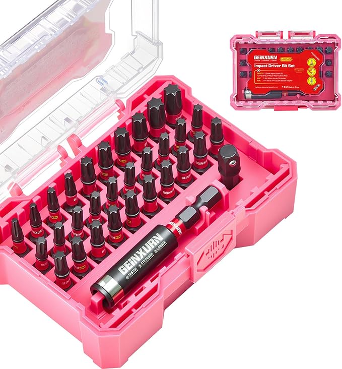 32Pieces Impact Screwdriver Bits Set, S2 Steel Torx Muliti Insert Bits Tips Set with Impact Bit Holder and 1/4?쒾ocket Adapter(Pink Storage Box Case)