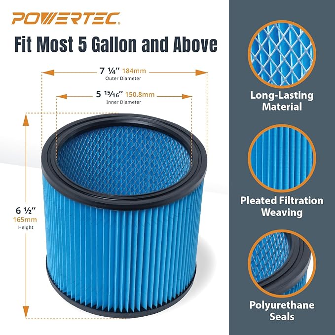 POWERTEC 90304 Cartridge Filters for Shop Vac, 90333, 90350, 9030433 Type U Replacement Filters, Fits Shop-Vac Most 5 Gallon and Above Wet/Dry Vacuum Cleaners, 1PK (75082)
