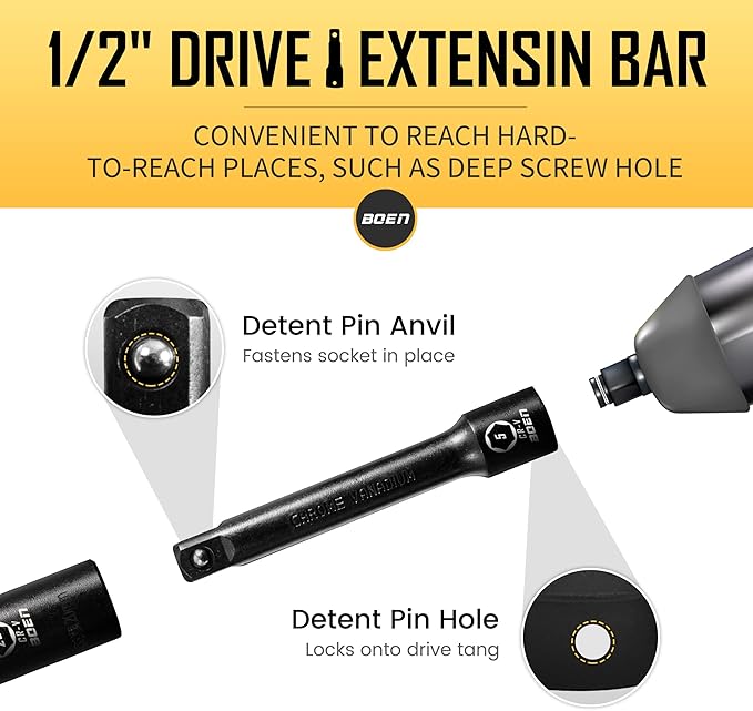 BOEN 1/2" Drive Impact Socket Set, 45 Piece Deep & Shallow Metric Socket Set 9mm to 32mm, Includes 3" 5"10" Extension Bars, Universal Joint, Adapter, 6 Point Design, Cr-V Steel, Meets ANSI Standards