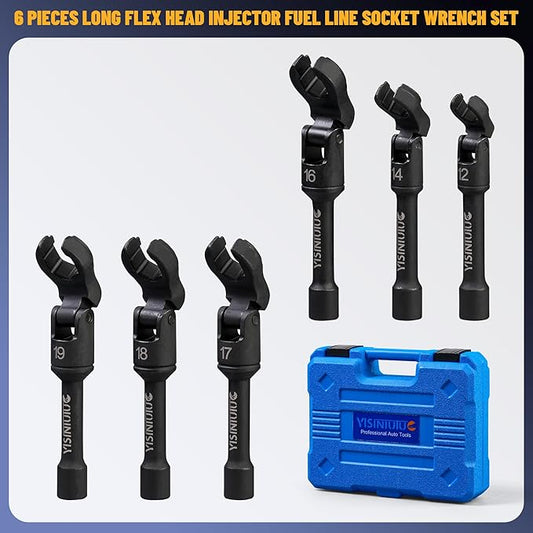 6 Pieces Flex-Head Crows Foot Line Wrench Set 3/8" Drive Injector Fuel Line Sockets Wrench Set Metric 12/14/16/17/18/19mm