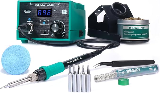 YIHUA 939D+ Digital Soldering Station, 75W Equivalent with Precision Heat Control (392째F to 896째F) and Built-in Transformer. ESD Safe, Lead Free with 째C/째F display (Green)