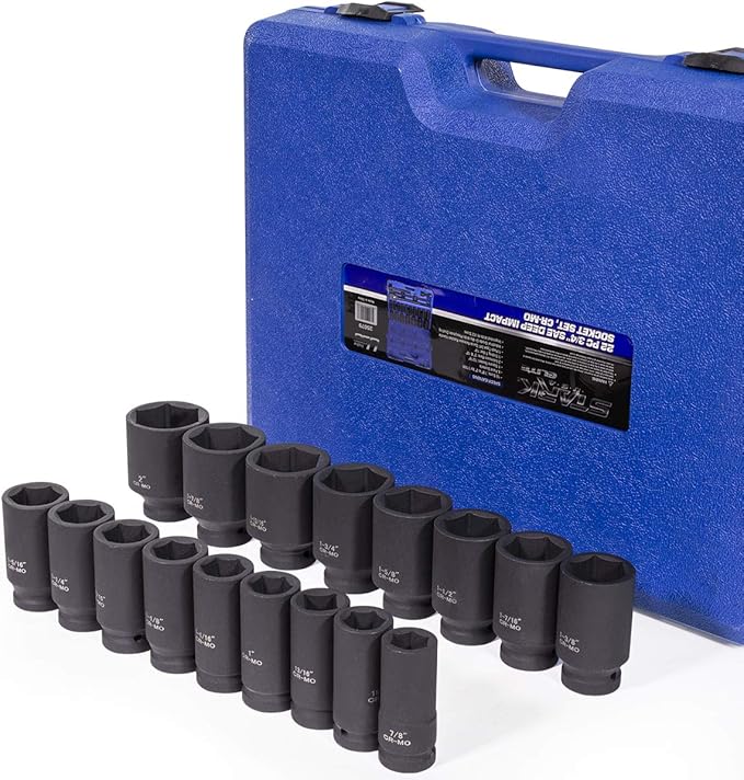 Stark USA 22-Pieces 3/4 Inch Drive Deep Impact Socket Set Cr-Mo Steel SAE Socket Extension Bar Sliding T-Bar (7/8" to 2" inch) with Carrying Case