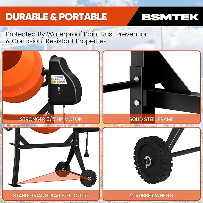 Electric Concrete Mixer, 4.3 Cubic Ft, 3/5HP. 450W Portable Concrete Mixer Machine with Stand & Wheels for Stucco, Mortar, Seeds, Orange-2026 Upgraded