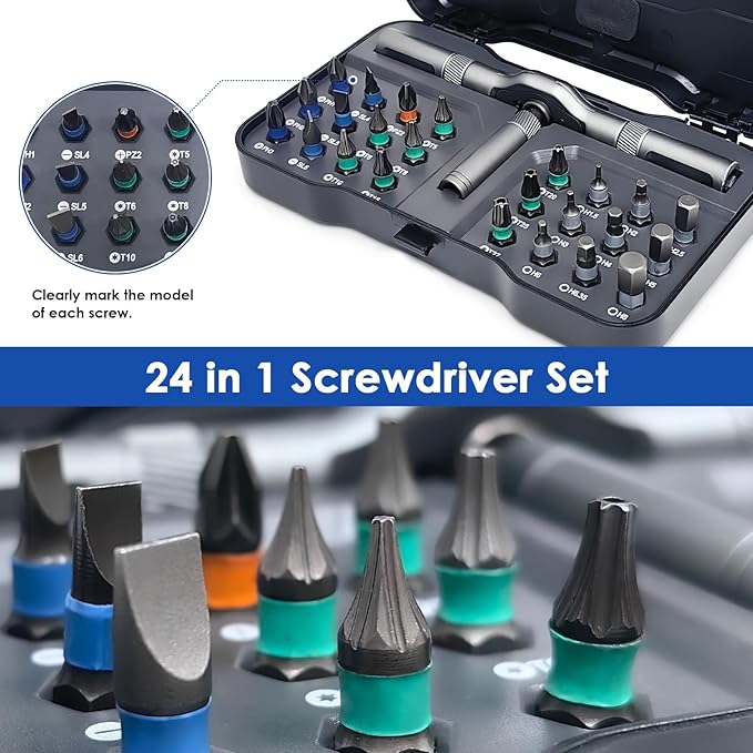 24 in 1 Magnetic Ratchet Screwdriver Set, DIY Magnetic Screwdriver Set with Detachable Handle&Multi-Bit, Portable Screwdriver Kit Precision Repair Tool for Furniture, Computer, Bicycle, Electronics
