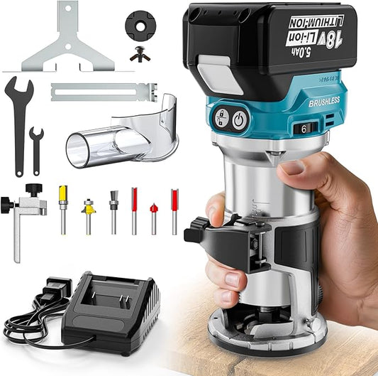 Cordless Compact Router Compatible with Makita 18V Battery, With 1 x 5.0Ah Rechargeable Battery, 6 Pcs Router Bits for Woodworking, 6 Variable Speeds Router With Trim Bits