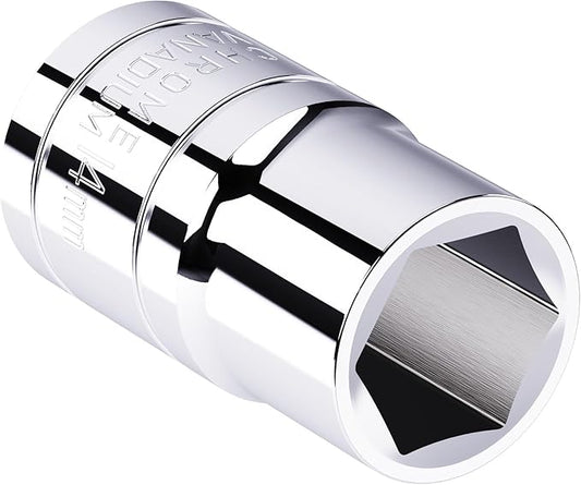 14mm(9/16") Shallow Socket, 1/2 Inch Drive, 6-Point, Metric, Heat Treated CR-V Steel Short Sockets, Full Polishing, 1.5 Inch Length