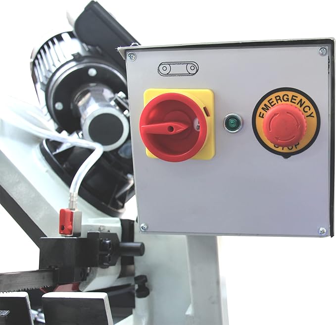 KAKA Mitering Metal Band Saw with 7.8 inch x 4.7 inch Cutting |45° Miter Angle, 1.1HP Motor for Steel and Aluminum, Auto Shut-Off Safety | BS-75G with Coolant System