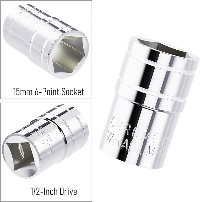 15mm Shallow Socket, 1/2 Inch Drive, 6-Point, Metric, Heat Treated CR-V Steel Short Sockets, Full Polishing, 1.5 Inch Length