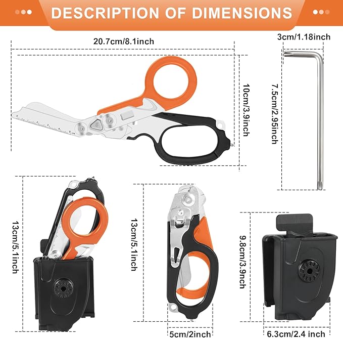 6-in-1 Multi-function Trauma Shears With Holster, Trauma Shears for Nurses Foldable, Heavy Duty Stainless Steel Scissors all Purpose, Outdoor Camping Rescue Scissors Tools（Orange+Black）