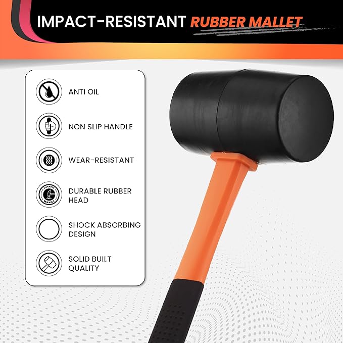 24oz Rubber Mallet Hammer | Non-Marring Soft Blow Mallet with Fiberglass Shock-Absorbing Handle for Woodworking, Flooring, Camping, and Assembly