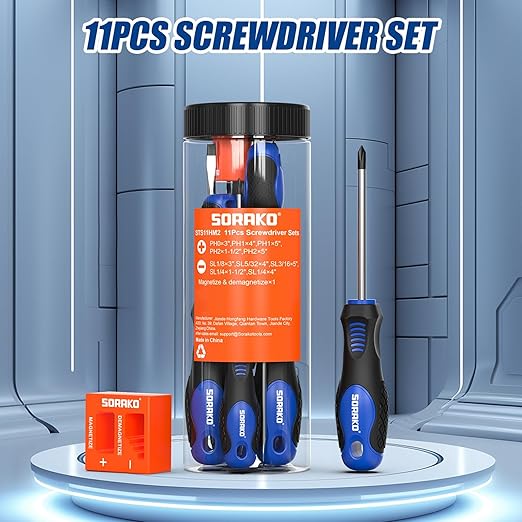 SORAKO 11-Piece Magnetic Screwdriver Set, 5 Phillips and 5 Slotted Tips, Include Magnetizer, Screwdriver with Professional Non-Slip Grip, for Home Repair and DIY Projects竊똚ith Case