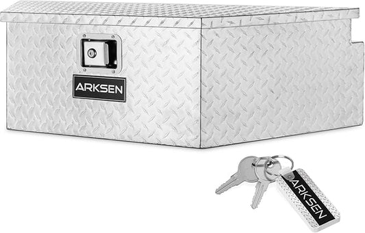 ARKSEN 39 Inch Aluminum Diamond Plate Tongue Box Tool Chest, Waterproof Under Truck Storage for Pick Up Truck Bed, RV Trailer, ATV with Lock and Keys - Silver
