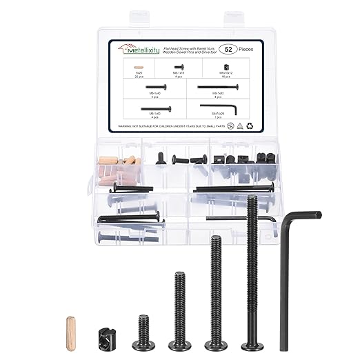 METALLIXITY Furniture Crib Screws Replacement Set with Wrench(M6-1x16/40/60/80mm) 52Pcs, Connector Bolt M6 Screw Barrel Nuts Binding Screws, for Chair Cabinet Bed, Black