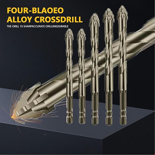 5 Piece Set of Four Flute Drill Bits High Hardness Eccentric Twist Drill Bits Set for Concrete Masonry Wood Stone Glass Ceramic Bricks Metal Plastic Sizes6/6/8/10/12