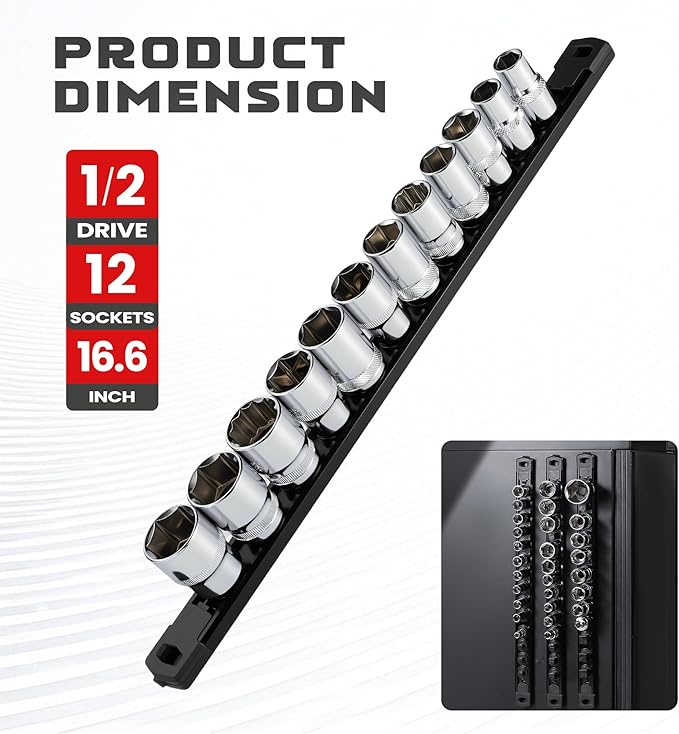 ALOANES 1/2-Inch Drive Magnetic Socket Organizer, Heavy Duty Aluminum Socket Rail Organizer, 360째 Swivel Clips Socket Rail Set For Sockets Storage, 1/2 Inch Socket Holder x 12 Clips (Black)