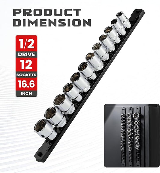 ALOANES 1/2-Inch Drive Magnetic Socket Organizer, Heavy Duty Aluminum Socket Rail Organizer, 360째 Swivel Clips Socket Rail Set For Sockets Storage, 1/2 Inch Socket Holder x 12 Clips (Black)