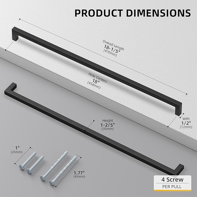 Goldenwarm 35 Pack 18 Inch Black Cabinet Handles Matte Black Drawer Pulls Stainless Steel Cabinets Hardware Square Bar Modern for Kitchen Bathroom Cupboard