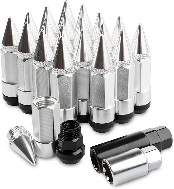 20Pcs Anti Theft Spikes Extended Tuner Wheel/Rims Lug Nuts with Wheel Locks M12X1.5+Socket (Silver)
