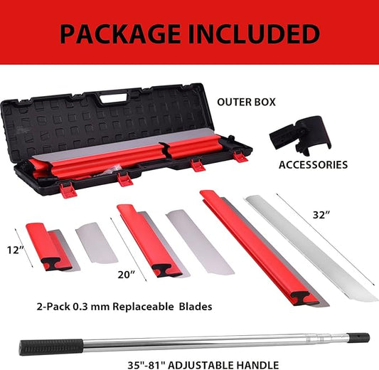 Drywall Tools Skimming Blade with Extension Handle - 12", 20" & 32" Blades with 2 Pack 0.3 mm Blades, Construction Tools End Caps, Wall-Board with Outer Box in Red