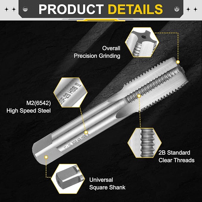 uxcell Hand Plug Tap 1"-10 BSF 2B Thread Plug Style Taps Straight Flute Screw Tapping Threading Tool High Speed Steel HSS6542