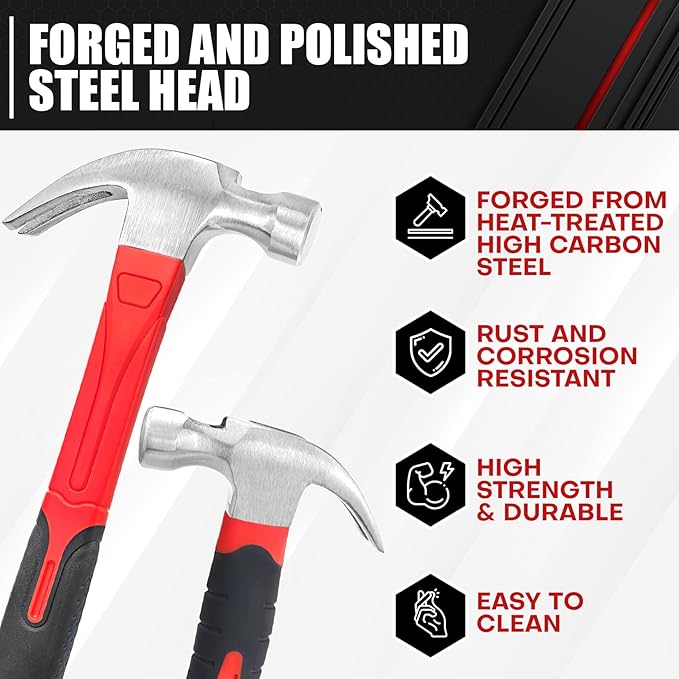 C&T 2 Piece Hammer Set,8oz Stubby Claw Hammer With Magnetic Nail Starter & 16oz Fiberglass General Purpose Claw Hammer & 560pcs Hardware Nail Assortment Kit, Soft Nonslip Handle & Heat Treated Head