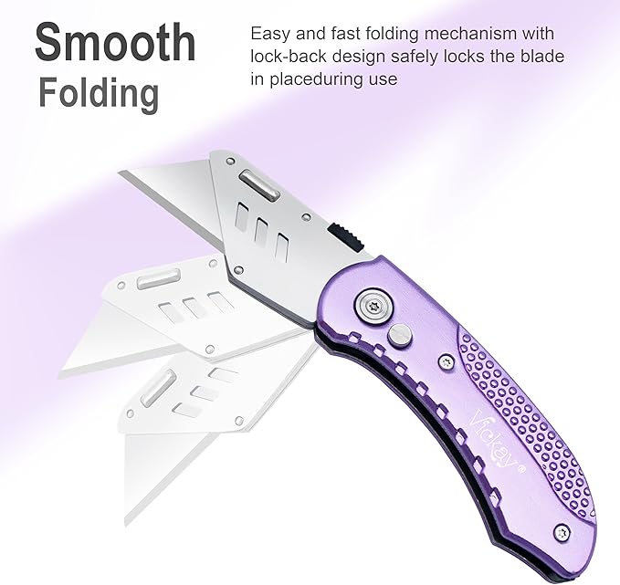 Vickay Folding Utility Knife, Box Cutter with 5 SK5 Quick Change Blades, Safety Axis Lock Design Razor Knife, Lightweight Aluminum Handle Belt Clip for Office Home Artcraft 竊뉽ight Purple)