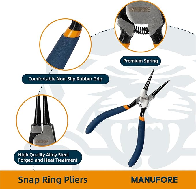 MANUFORE Snap Ring Pliers,7in Internal/External Circlip Pliers Set with Straight and Bent Jaw Tips for Removing and Retaining Ring