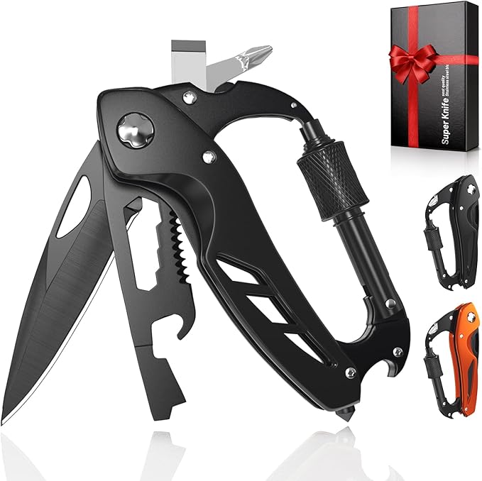 9 in 1 Multitool Carabiner with Pocket Knife, Stocking Stuffers Gifts for Men, EDC Carabiners with Folding Knives, Bottle Opener, Window Breaker and Screwdriver, Survival Gear for Camping Hiking