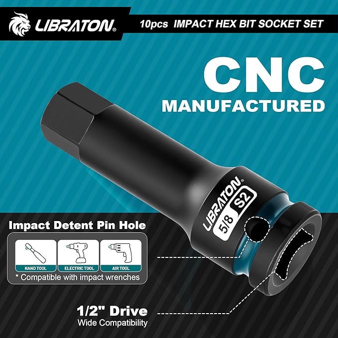 LIBRATON Impact Hex Bit Socket Set, 1/2" Dr, S2 Steel, 10PCS High Torque Sockets (SAE 1/4"-3/4") for Professional Mechanics & Automotive Repair (XPE Storage Case)