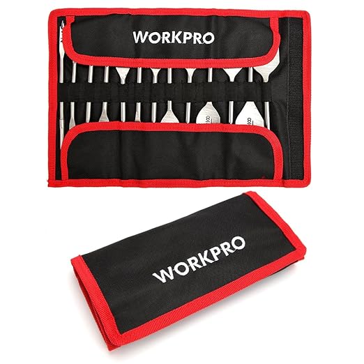 WORKPRO 13-Piece Spade Drill Bit Set in SAE, Paddle Flat Bits for Woodworking, Nylon Storage Pouch Included